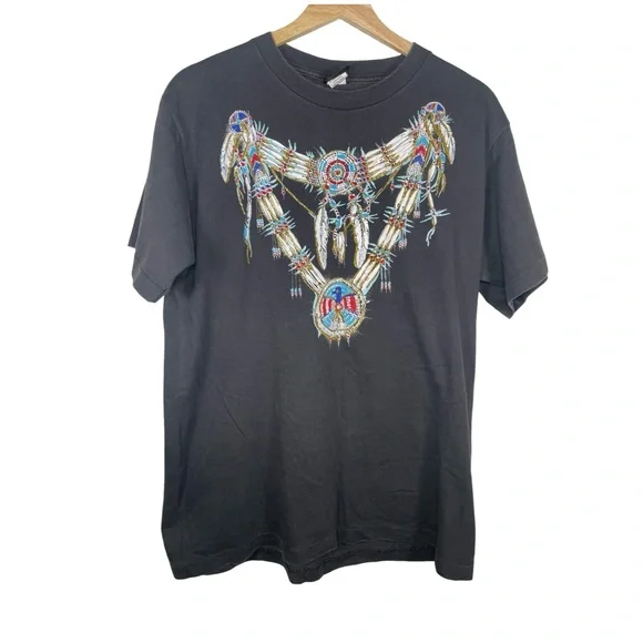 Diamond Dust Native American Necklace vintage Black Single Stitch Shirt large - Picture 1 of 4